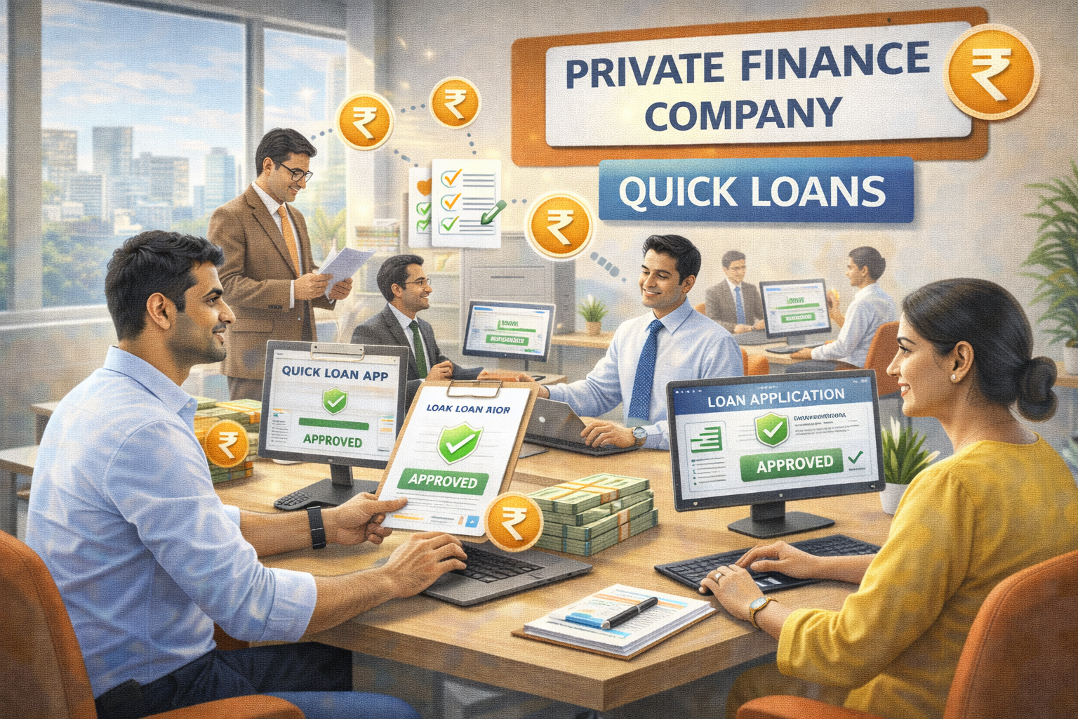 Private finance company office in India processing quick loan applications